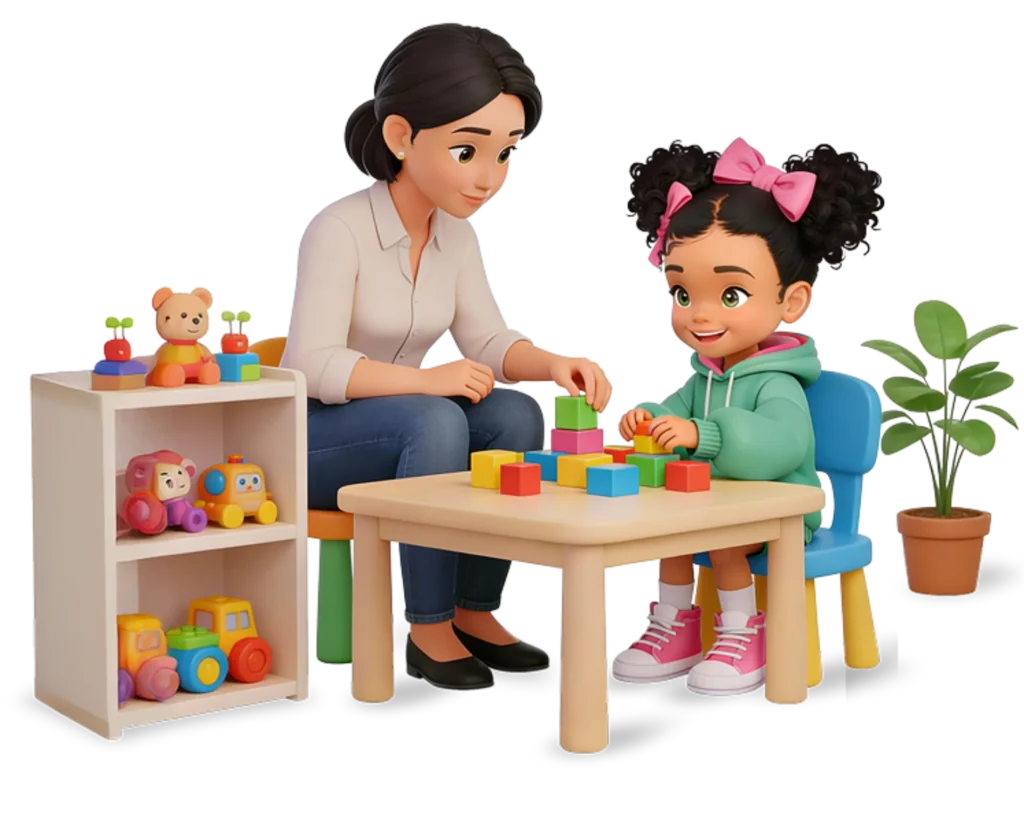 ילדה משחקת קוביות עם פסיכולוג