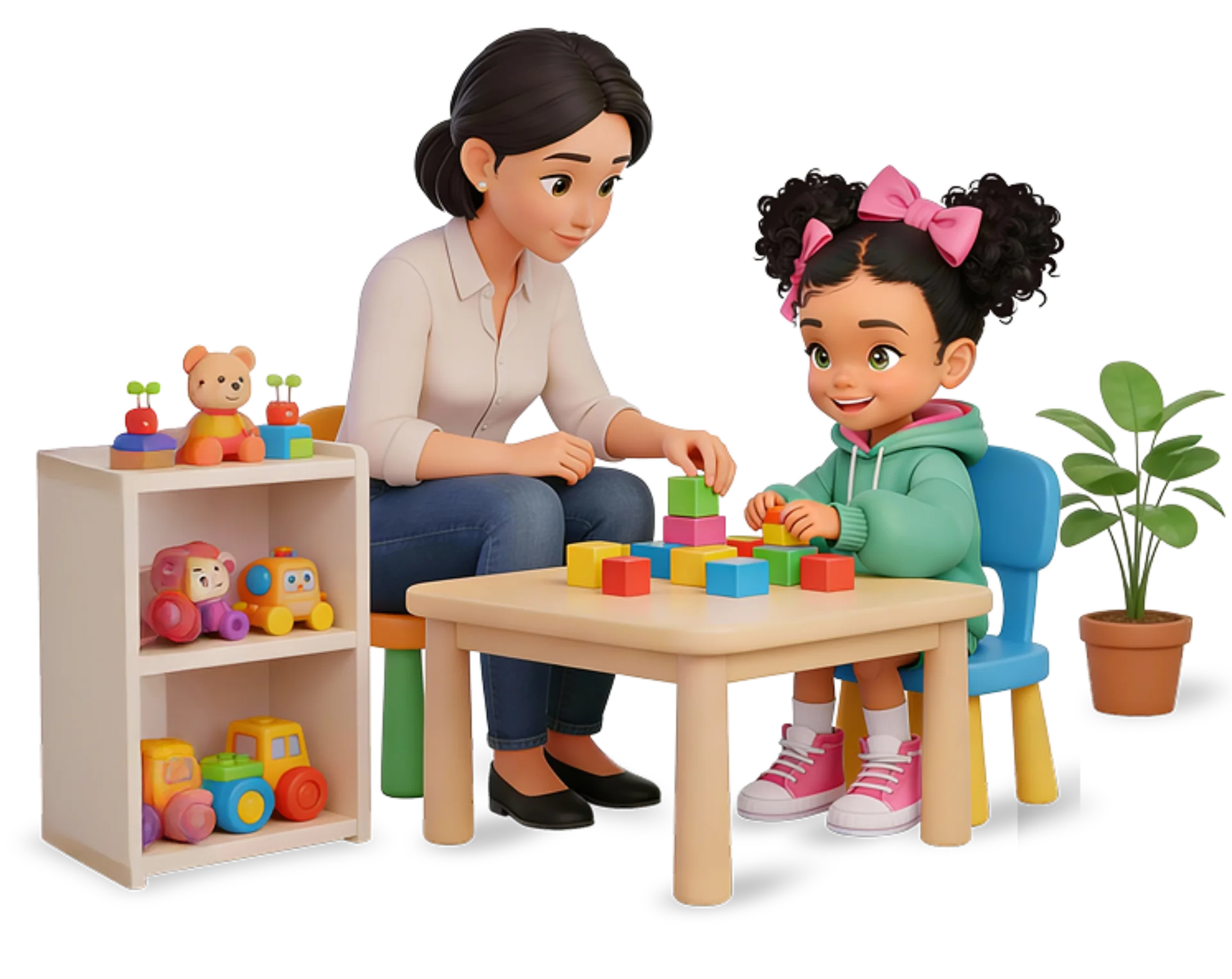 ילדה משחקת קוביות עם פסיכולוג