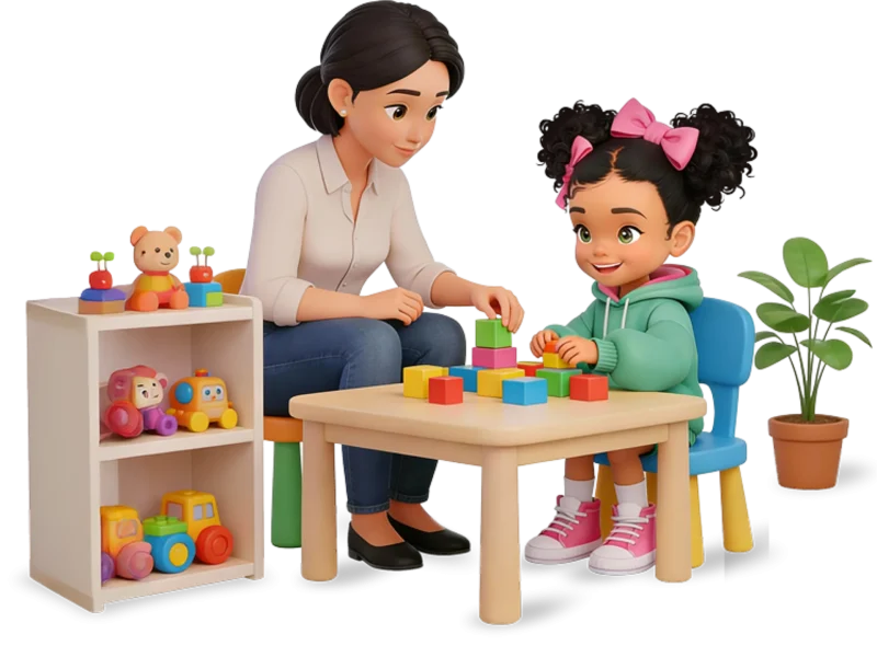 ילדה משחקת קוביות עם פסיכולוג